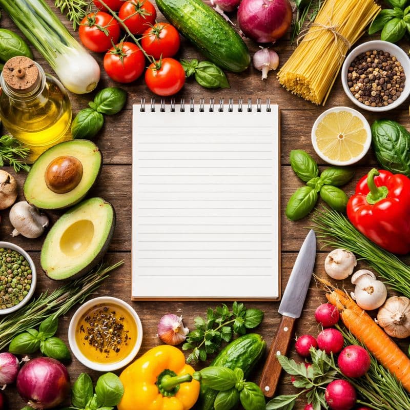 Kladblok met notities over vegetarisch plan
