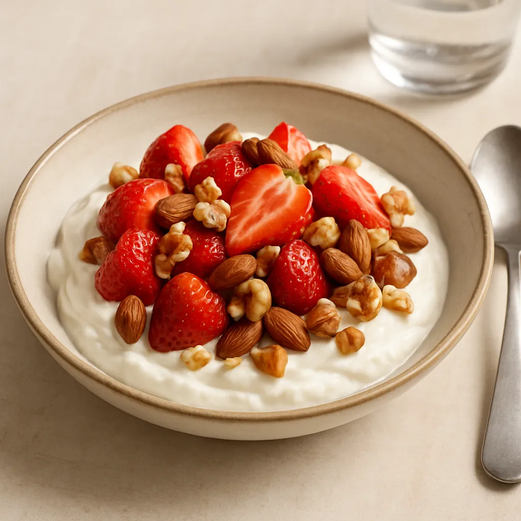Magere kwark met aardbeien en noten