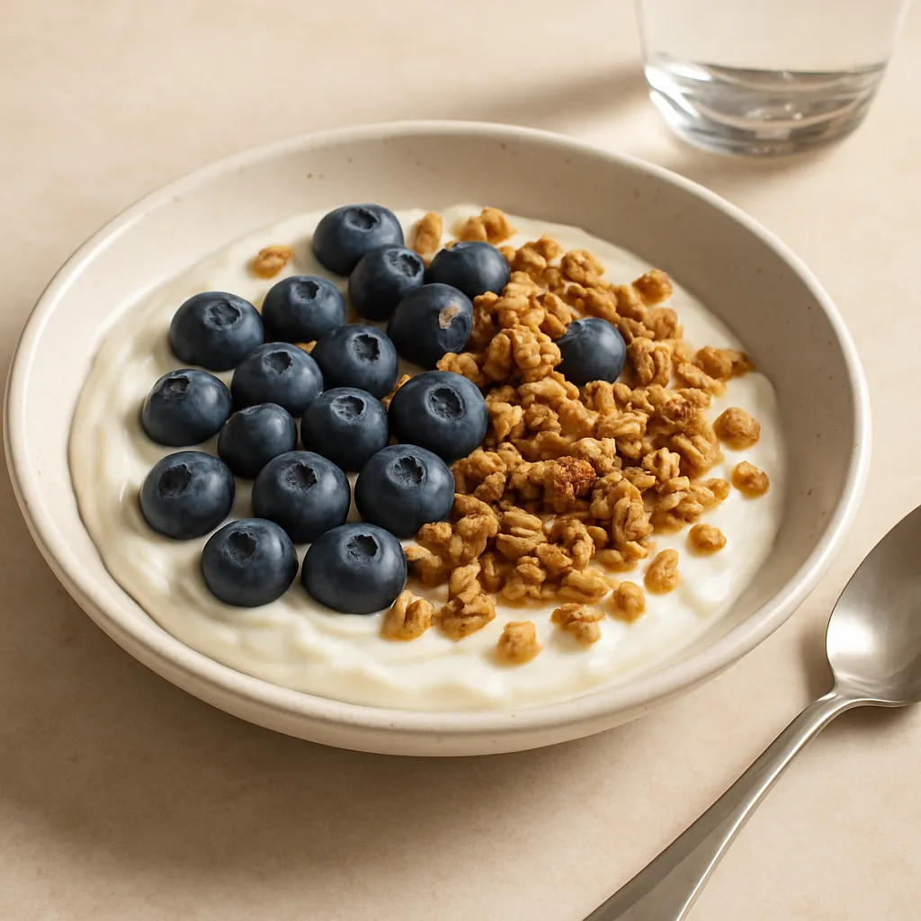 Magere kwark met blauwe bessen en granola