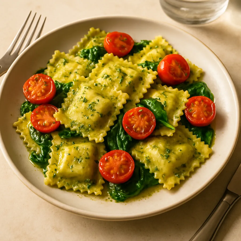 Ravioli met Pesto, Spinazie en Tomaten